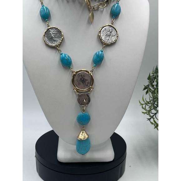 Chico's Isabella Long Necklace Faux Turquoise & Coins Lariat "Y" Style - Picture 1 of 16